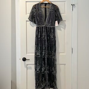 Elegant Navy Embroidered Maxi Dress